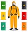 Industry concept. Detailed illustration of worker in protective suit. Metal barrels for oil, biofuel, explosive