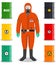 Industry concept. Detailed illustration of worker in protective suit. Metal barrels for oil, biofuel, explosive