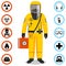 Industry concept. Detailed illustration of worker in yellow protective suit. Safety and health vector icons. Set of