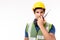 Industry, factory, engineering, technology concept. Young engineer man in hardhat, reflective vest. Industrial engineer worker use