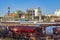 Industry park in Frankfurt hoechst with tank and chimney under blue sky