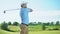 Inexperienced golf player hitting ball, shocked with failed shot, loser concept