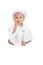 Infant in angel costume sitting on white background