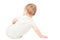 Infant baby sitting backwards on a white background