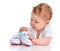 Infant child baby girl lying happy searching new shoes