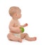 Infant child baby kid eating green apple blue eyes looking at th