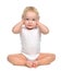 Infant child baby toddler sitting closed her hands over ears and