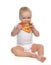 Infant child baby toddler sitting enjoy eating slice of pepperoni pizza