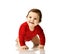 Infant child boy toddler in red body cloth learning crawling happy smiling