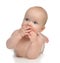 Infant child girl lying happy holding baby nipple soother