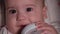 Infant, childhood, emotion concept - Extreme close-up of smiling face of brown-eyed newborn awake toothless baby 7