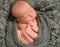 Infant holding his feet, enveloped in a blanket, closeup