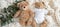 Infant onesie mockup with teddy bear, eucalyptus branch on white ivory blanket background