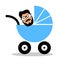 Infantile, immature and childish adult man is in a baby carriage.