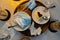 Infectious waste of medical masks,scraps of food and used protective face masks left on plates in restaurant during the