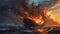 Inferno Afloat: Sailing Ship Engulfed in Flames Amidst Ocean Peril