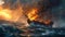 Inferno Afloat: Sailing Ship Engulfed in Flames on Raging Seas