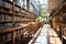 Infinite bookshelves filled with knowledge in a well lit library setting, educational picture