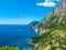 Infinite view of wild coastline cliff covered with trees at Positano, Amalfi Coast, Naples, Italy