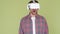 Infinitely joyful, happy, surprised young man in virtual reality glasses