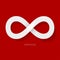 Infinity symbol white on a red background.