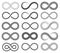 Infinity symbols. Endless loop shape, unlimited signs, eight isolated vector icons set