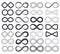 Infinity unlimited symbols, eternal endless cyclical icons. Abstract limitless infinite loop vector symbols set. Endless