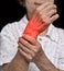 Inflammation of Asian woman wrist joint. Concept of joint pain and hand problems
