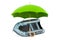Inflatable boat under umbrella, 3D rendering