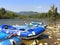 Inflatable boats with oars rafts for rafting along a mountain