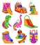 Inflatable bouncy slide icon set. Bright and fun playground for childhood activity in the park. Summer amusement