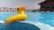 An inflatable duck lies on the side of a pool with clear water on a summer day on a long-awaited sea vacation