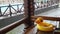 An inflatable duck lies on wooden table in gazebo at recreation center against the backdrop of pool covered with rain