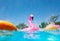 Inflatable flamingo and doughnuts buoys in pool