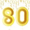 Inflatable golden balls with falling confetti and hanging ribbons. Eighty years, symbol 80. Vector illustration, logo or