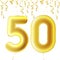 Inflatable golden balls with falling confetti and hanging ribbons. Fifty years, symbol 50. Vector illustration, logo or