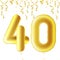 Inflatable golden balls with falling confetti and hanging ribbons. Forty years, symbol 40. Vector illustration, logo or