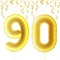 Inflatable golden balls with falling confetti and hanging ribbons. Ninety years, symbol 90. Vector illustration, logo or