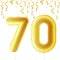 Inflatable golden balls with falling confetti and hanging ribbons. Seventy years, symbol 70. Vector illustration, logo