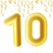 Inflatable golden balls with falling confetti and hanging ribbons. Ten years, symbol 10. Vector illustration, logo or