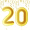 Inflatable golden balls with falling confetti and hanging ribbons. Twenty years, symbol 20. Vector illustration, logo or