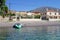 Inflatable Kayak on Pebbly Gulf of Corinth Beach, Greece