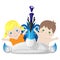 Inflatable peacock float with kids - front view cartoon style