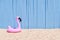 Inflatable Pink Flamingo on Sandy Beach with Blue Wooden Backdrop
