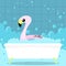 Inflatable Pink Flamingo Toy on Bath Background. Swimming Pool Ring for Kids. Rubber Tropical Bird Shape