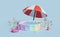 Inflatable Pool with swim ring flamingo,umbrella,beach ball isolated on blue background. Summer decorate concept ,3d illustration