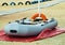 Inflatable Rescue Boat. Gray inflatable boat on the beach in the