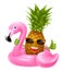 Inflatable Rubber Ring Pink Flamingo With Pineapple Character
