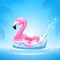 Inflatable Rubber Ring Pink Flamingo In Water Splash