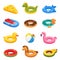 Inflatable swimming rings set for children. Floating cheese  dragon  dolphin  whale  car  donat